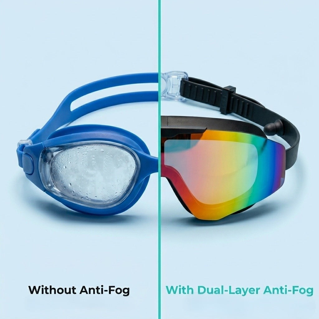 Wide-view swim goggles with built-in earplugs for adults and teens