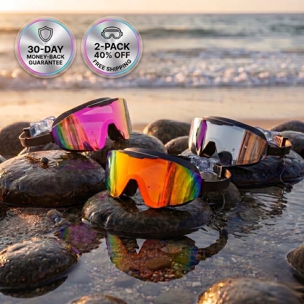 Coram swim goggles with built-in earplugs and gold mirror lens