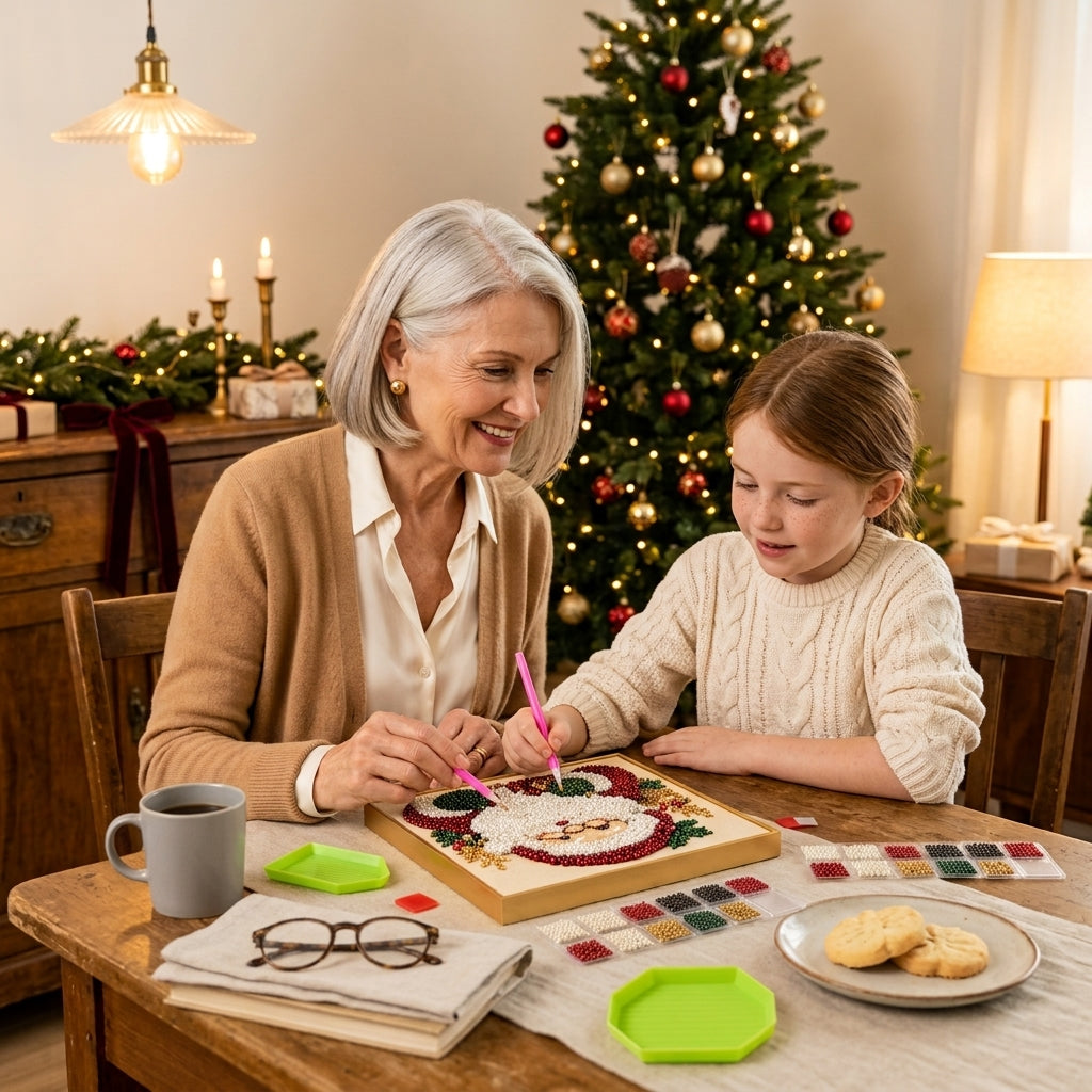 Grandmother and granddaughter making Coram Christmas Pearl Art together